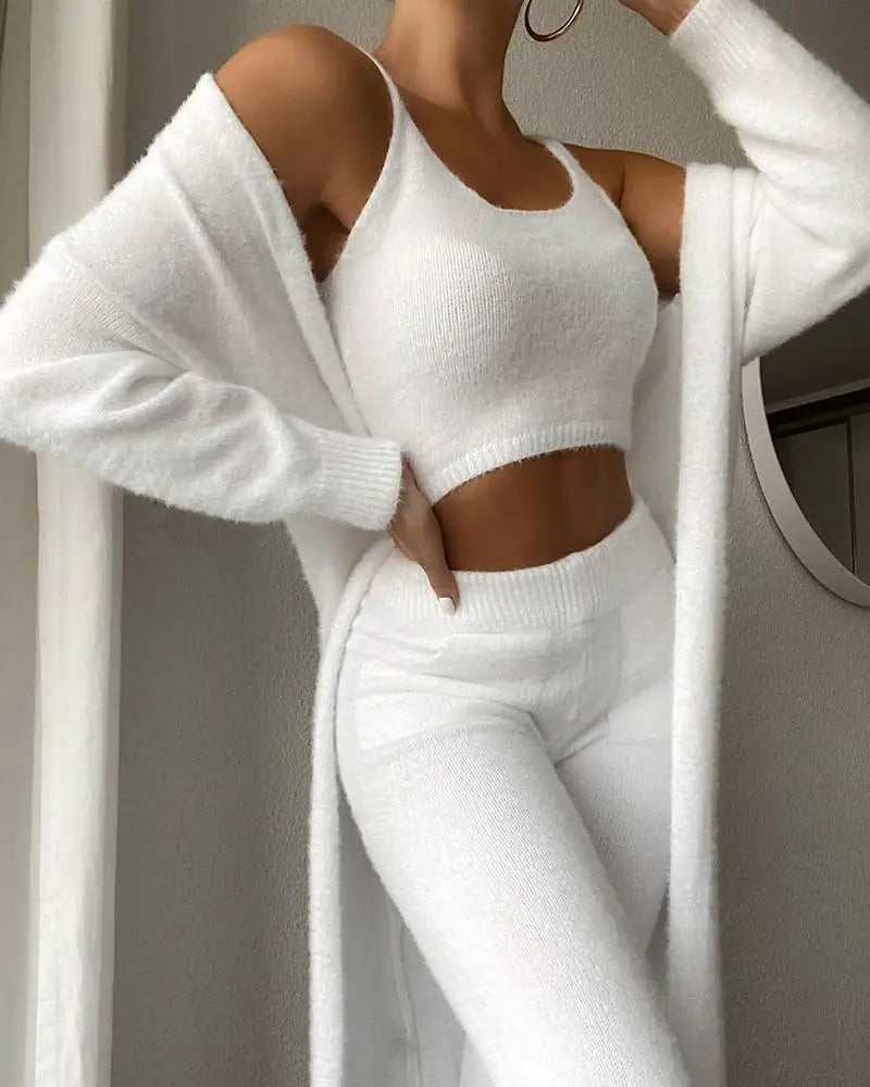 Fall Women Pant Sets Sweater Pajamas for Women Set Cozy Lounge Wear Fuzzy Fleece Sleepwear with Robe 3 Pieces Lounge Wear Sets