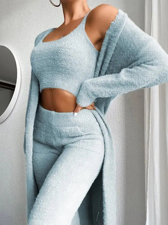 Fall Women Pant Sets Sweater Pajamas for Women Set Cozy Lounge Wear Fuzzy Fleece Sleepwear with Robe 3 Pieces Lounge Wear Sets